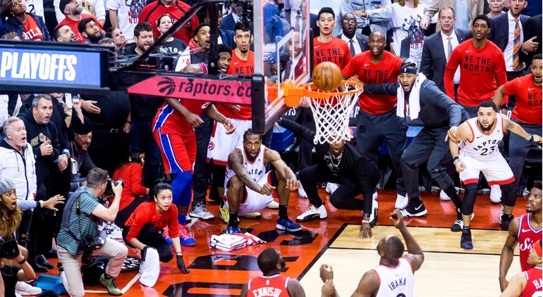 Kawhi Leonard and Joel Embiid watch the ball bounce off the rim in the Eastern Conference Finals