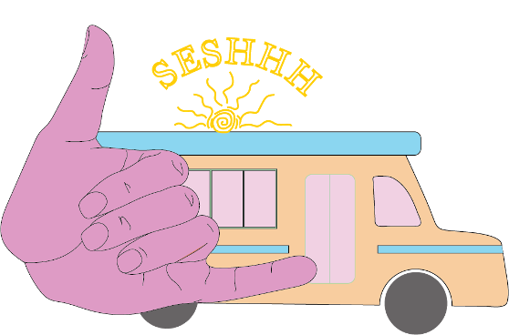 Sesh Logo, which is a van and a hand symbol